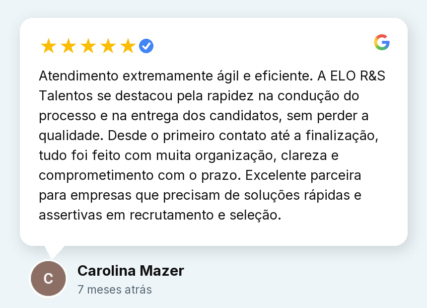 Avaliação de Carolina Mazer: Atendimento extremamente ágil e eficiente.